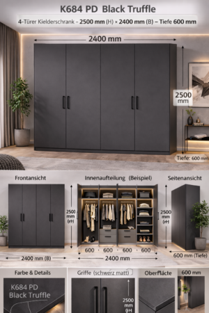 K684PD Kleiderschrank Kleiderschrank 2400x2500 mm, 4-türig – K684 PD Black Truffle.
