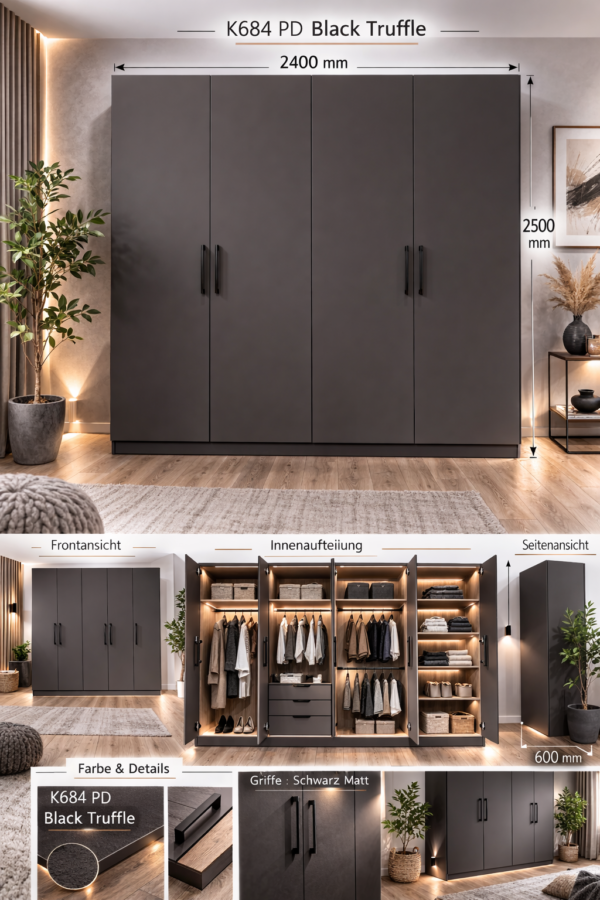 Kleiderschrank 2400x2500 mm, 4-türig – K684 PD Black Truffle