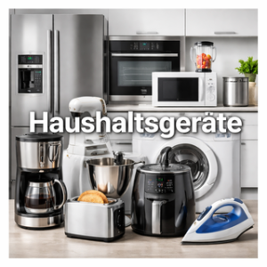 Haushaltsgeräte Kategorie mit modernen Küchengeräten und Haushaltsgeräten wie Kühlschrank, Backofen, Mikrowelle, Waschmaschine und Kaffeemaschine